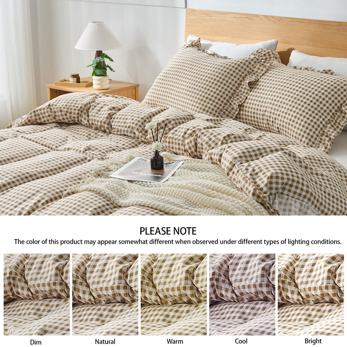 Gingham Duvet Cover, 3 Pieces Soft Breathable Microfiber Plaid Duvet Cover with Zipper Closure & 2 Pillow
