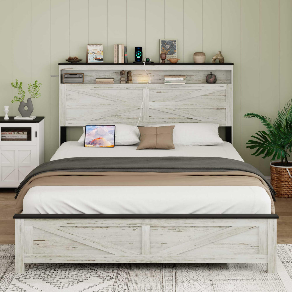 Wood Bed Frame with Storage Headboard, Farmhouse Platform Bed Frame with Charging
