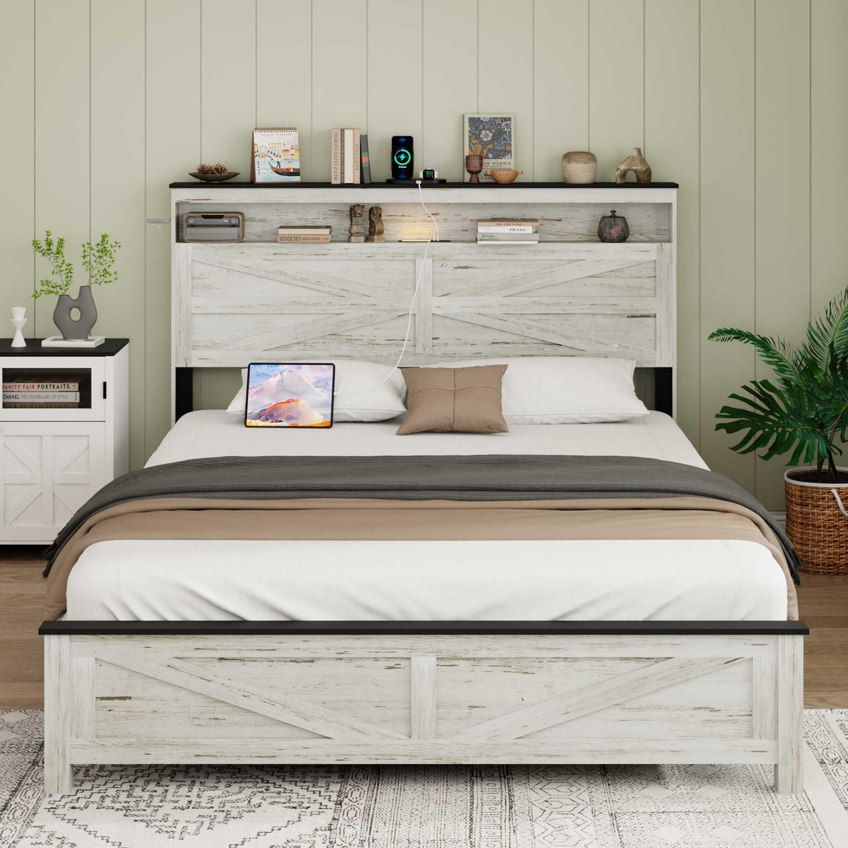 Wood Bed Frame with Storage Headboard, Farmhouse Platform Bed Frame with Charging