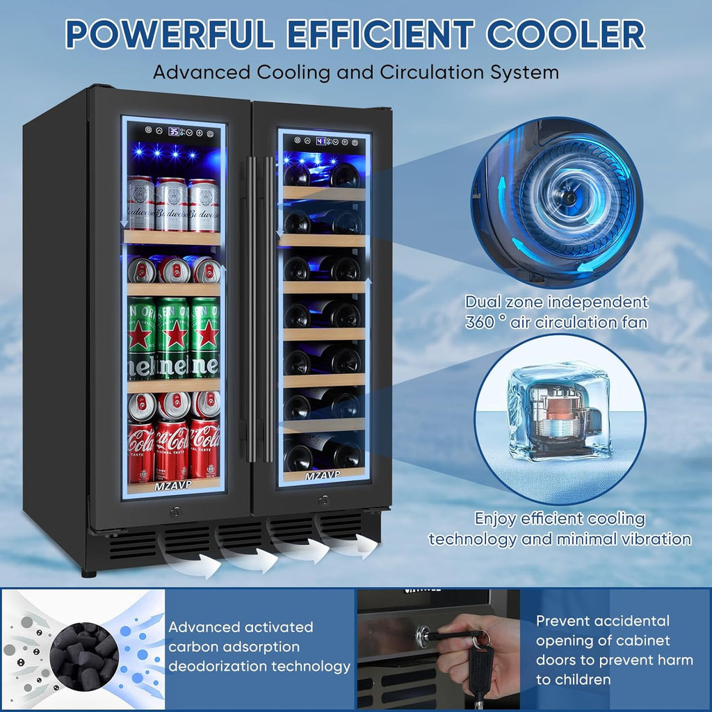 Wine and Beverage Refrigerator 24", Upgraded Dual Zone Wine Beverage Cooler with Glass Door and French Door