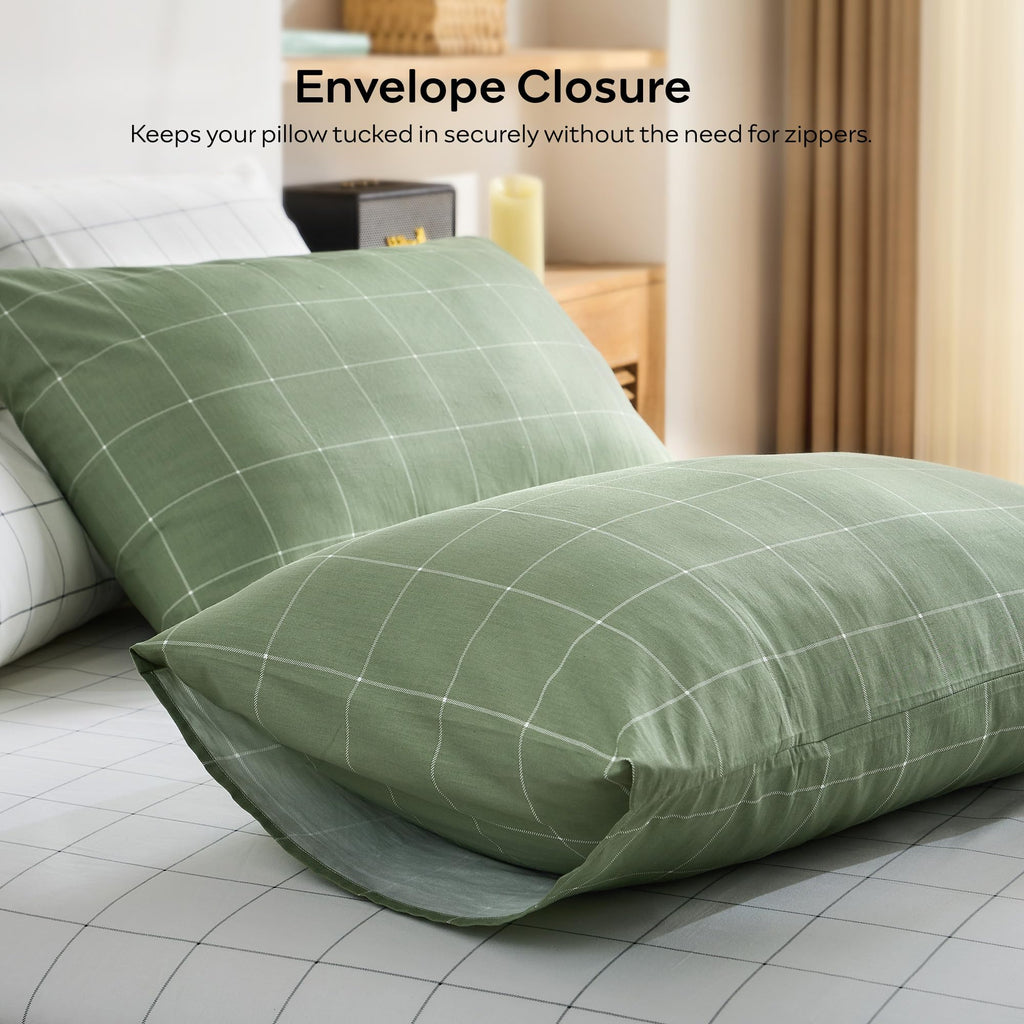 100% Cotton Plaid Duvet Cover Set, Green