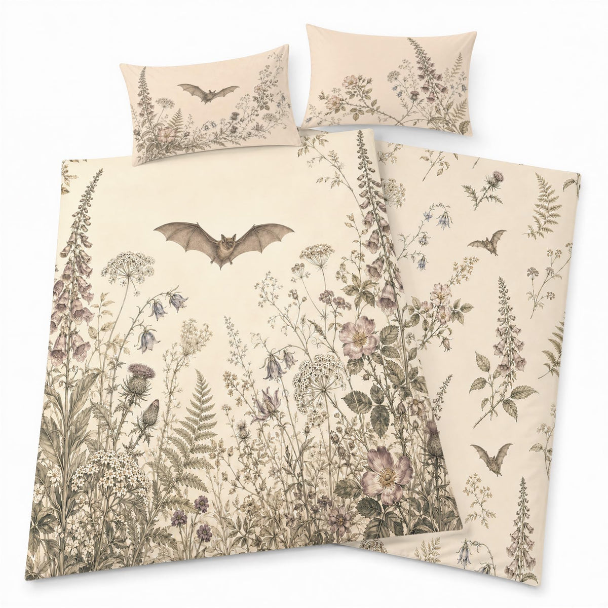 Antique Ivory Bat Duvet Cover Set 80x90, Wildflower Toile, 3-Piece
