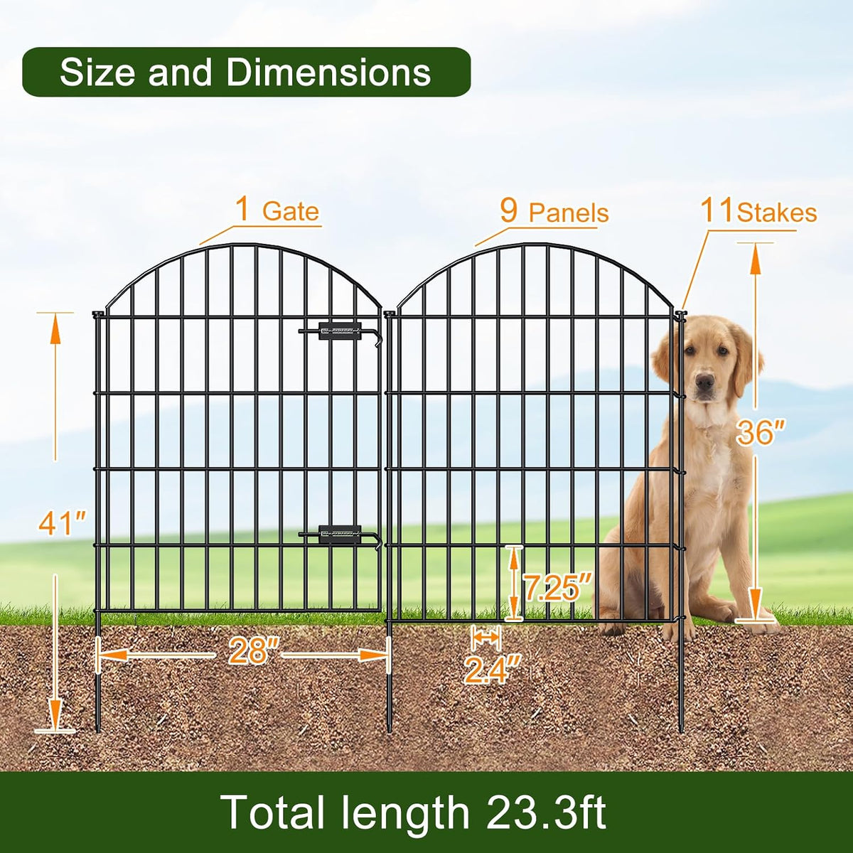 Metal Garden Fence with Gate 36in (H) x 23.3ft (L), 1 Gate+ 9 Panels Dog Fence Border Fence Animal Barrier, No Dig