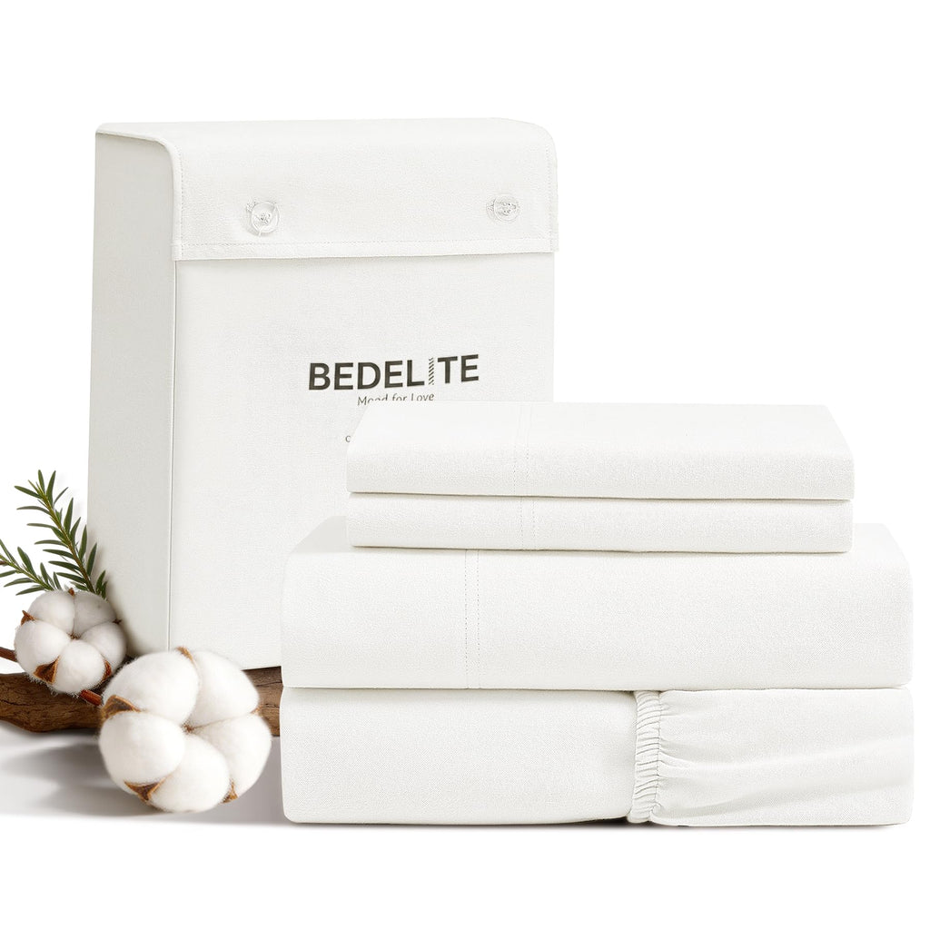 100% Cotton Flannel Sheets, White, 4 Pieces