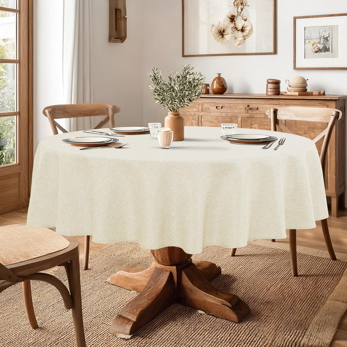 Round Table Cloth Faux Linen Farmhouse Tablecloth Wrinkle & Stain Resistant Table Cover Dining, Holiday Party Dinner
