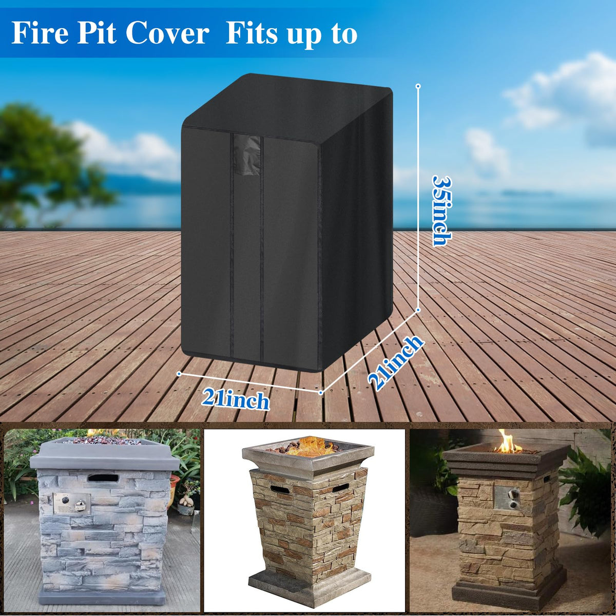Fire Pit Cover Square- Waterproof Firepit Covers Square (21L x 21W x 35H inches, Black) Outdoor Fireplace Cover