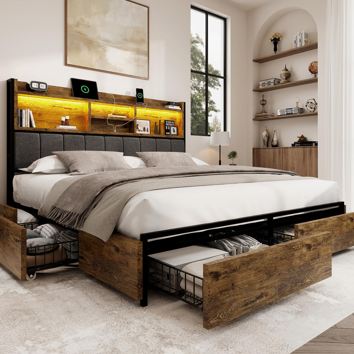 Bed Frame with 6 Storage Drawers, Linen Upholstered Headboard, Built-in USB Charging Station & LED Lighting