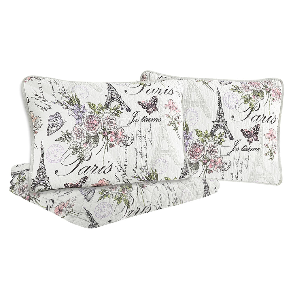 Resort Paris Floral, Pre-Washed, 3-Piece Reversible, Featuring, Eiffel Towers, Roses, Botanical Leaves, Postcards