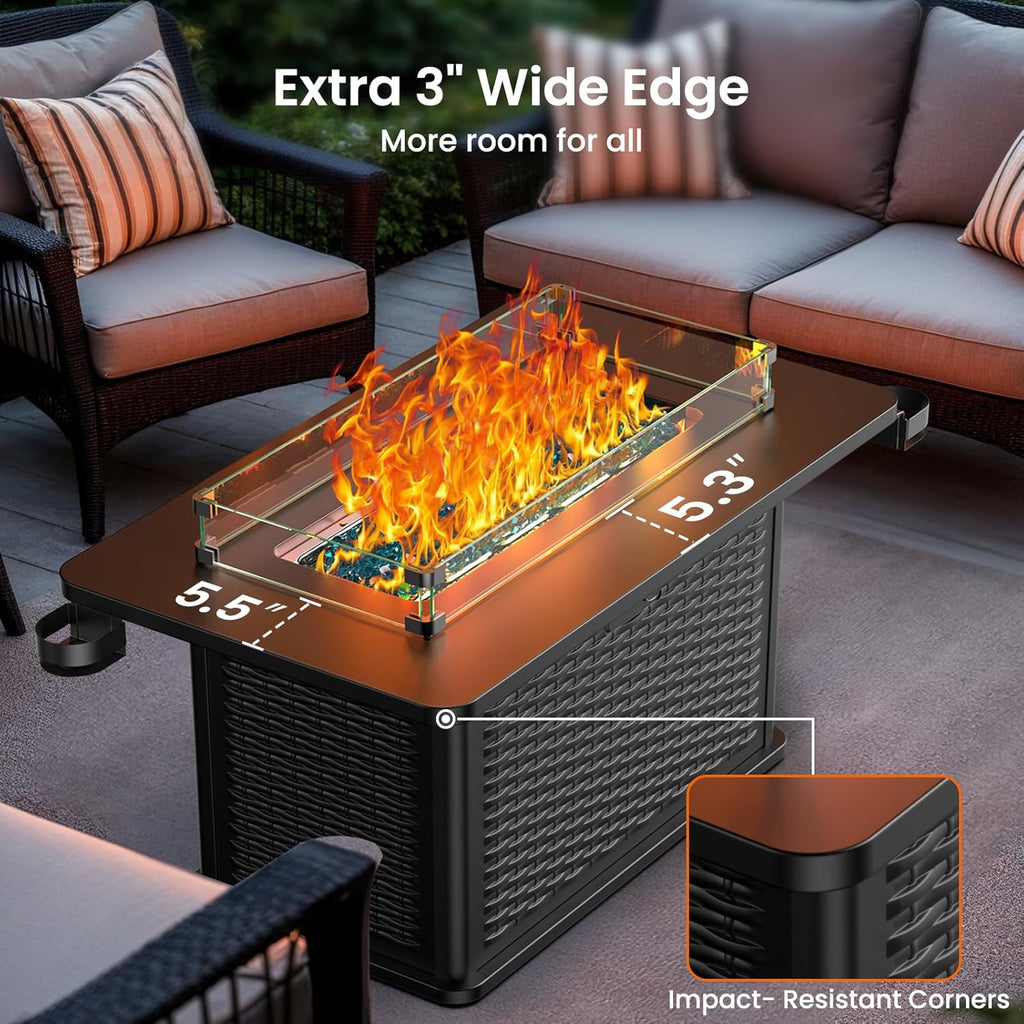 43 Inch Propane Fire Pit Table, 60,000 BTU Gas Fire Pit with Premium Glass Rocks, Wind Guard Glass Shield, Waterproof Cover, Cup Holders, Fire Table