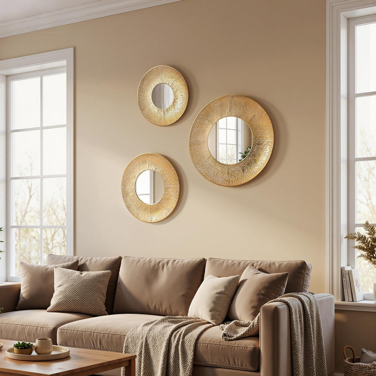 Set of 3 Sunburst Gold Mirrors for Wall Decor