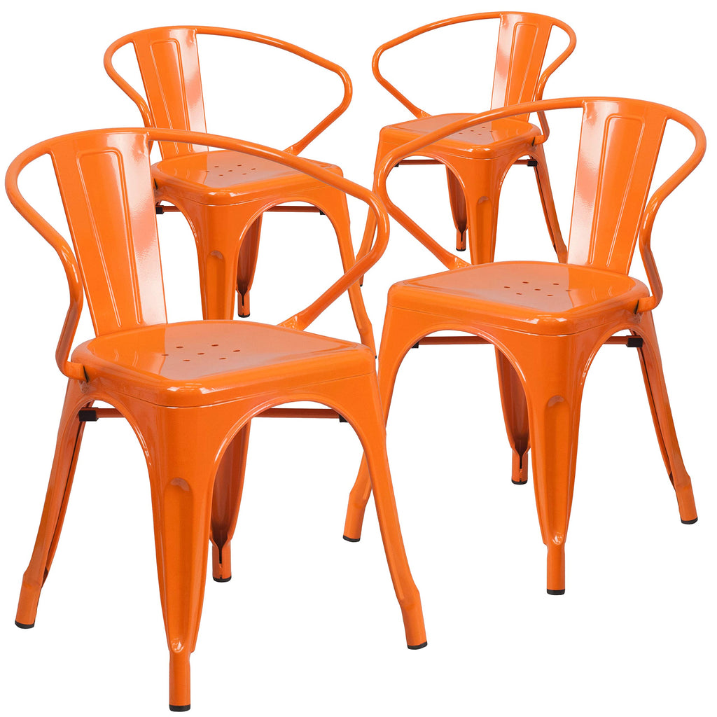 Roy Commercial Grade 4 Pack Orange Metal Indoor-Outdoor Chair with Arms
