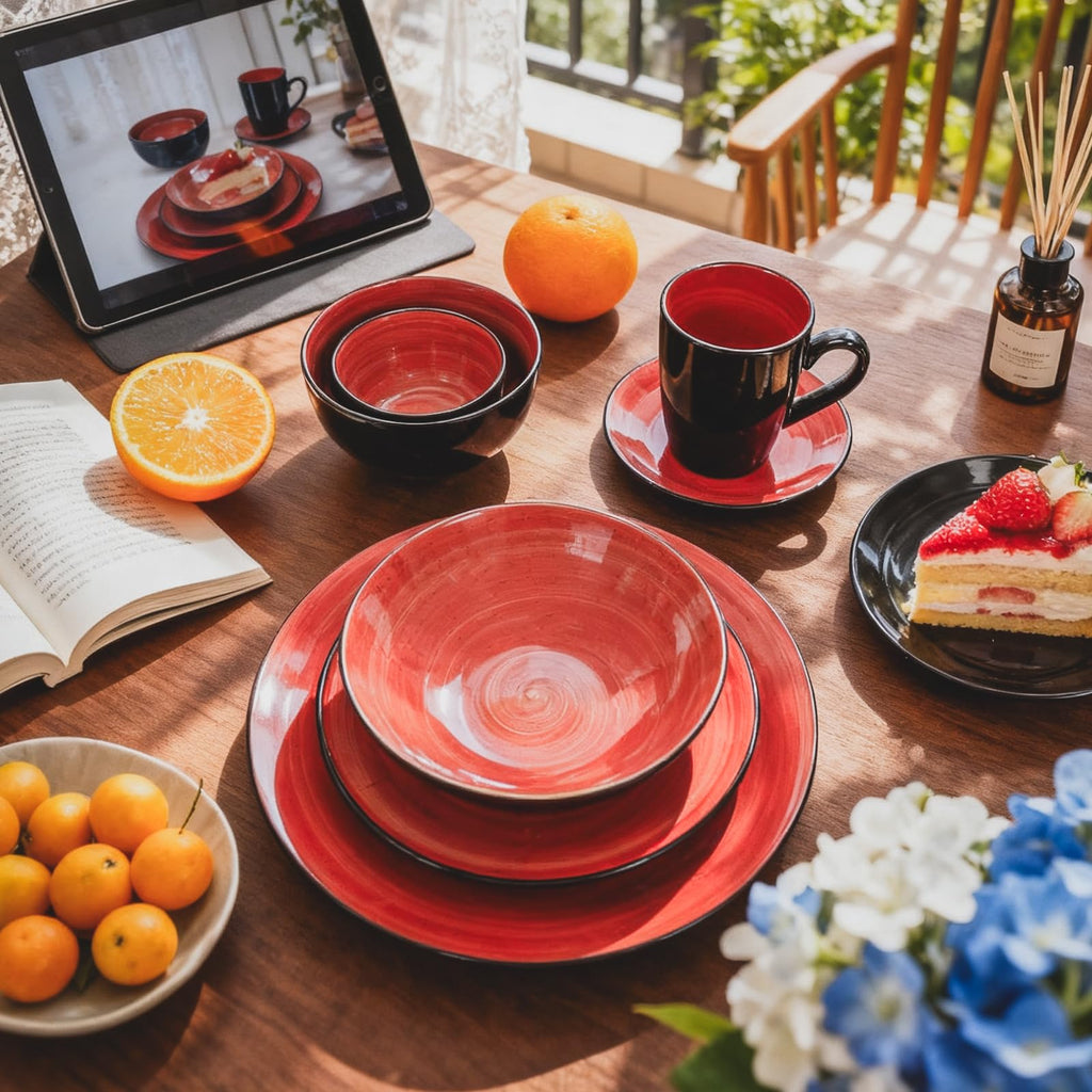 Stoneware Sonoma Dinnerware Set, Black + Speckled Spin Wash (56pc Set, Red)