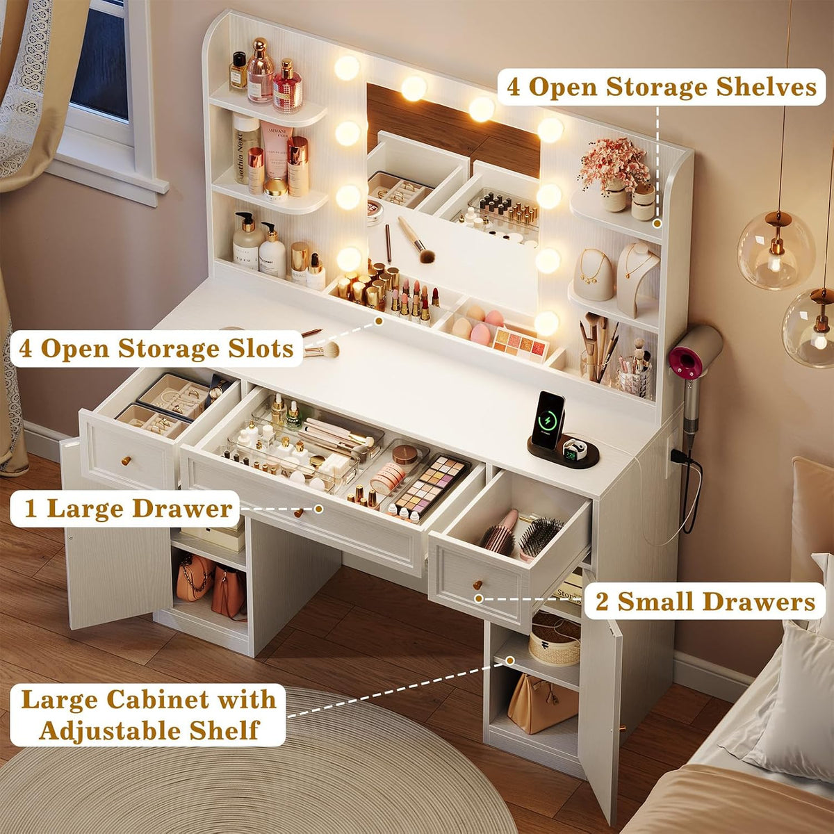 Large Vanity Desk with Mirror and Lights, Makeup Vanity with Power Outlets, 3 Drawers and 2 Large Cabinets, 3