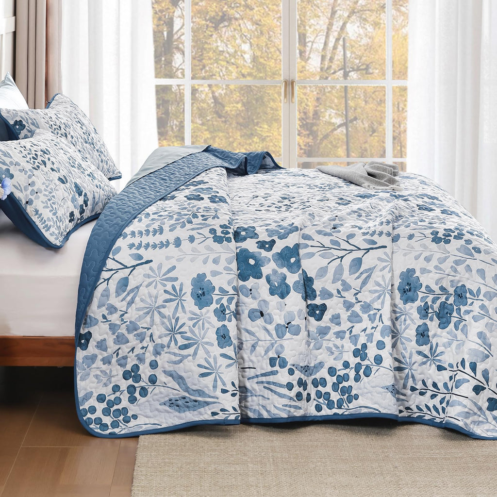 Floral Quilt Set, 3 Pcs Navy Blue Bedspread Bedding Set