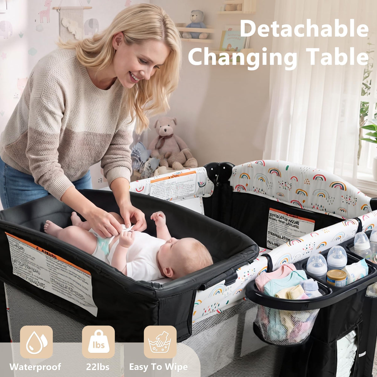 4 in 1 Portable Baby Playard, Baby Bedside Crib, Multicolour