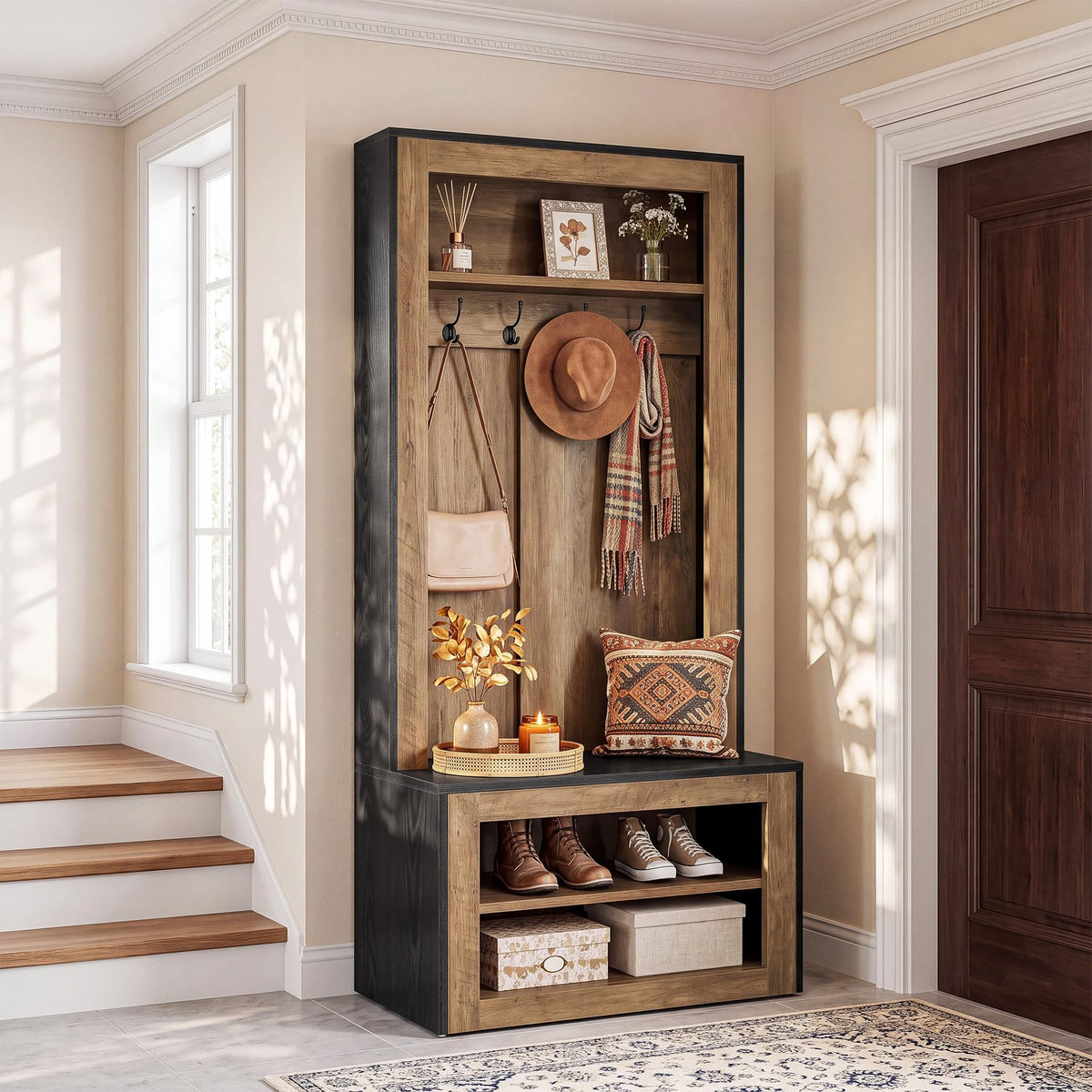 Hall Tree with Shoe Storage Bench, Farmhouse Entryway Coat Rack