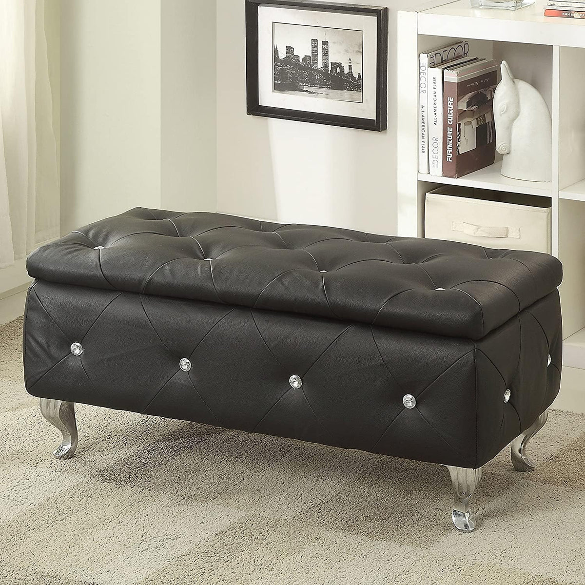 Glam 38 Inches Storage Ottoman Bench , and Bedroom, Upholstered Tufted Faux Leather Ottoman with Storage, Foot Rest