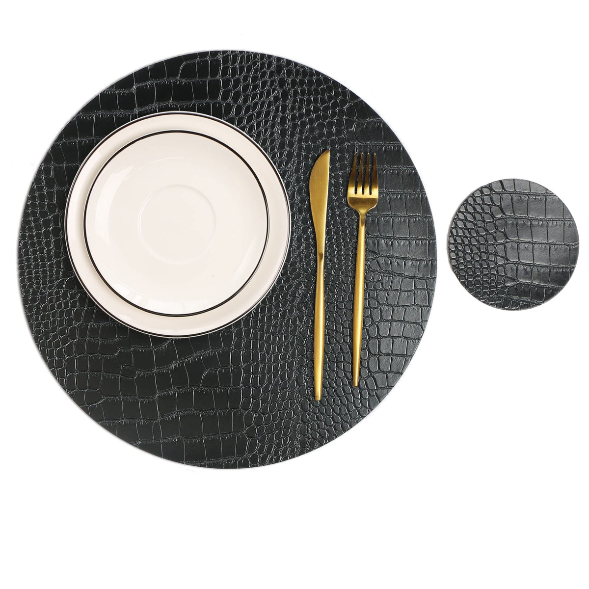 Round Leather Placemats for Round Tables Set of 4, Black Place Mats and Coasters, Washable Easy to Care for Indoor