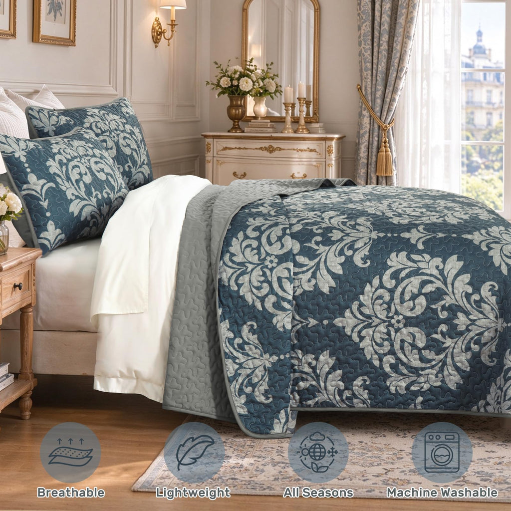 Quilt Bedding Set Navy Damask Bedspread Coverlet 3-Piece