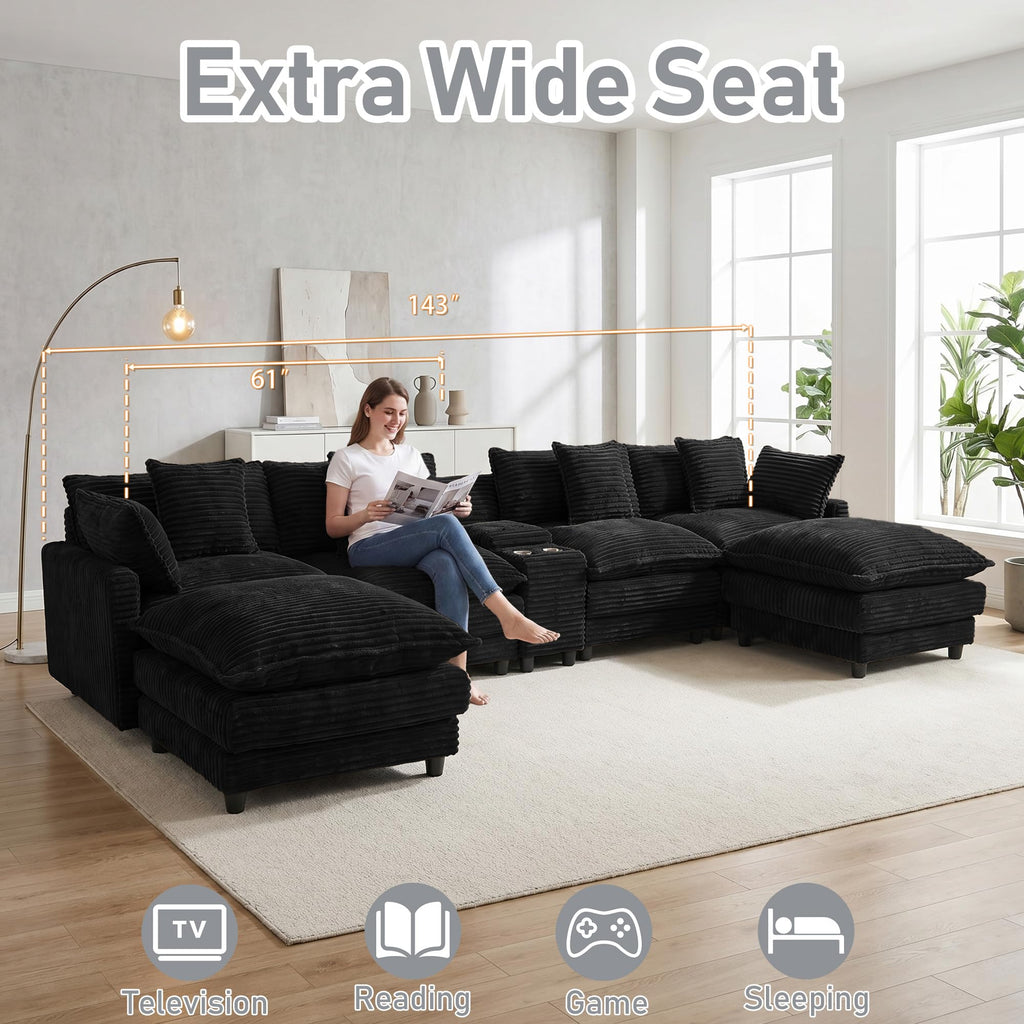143" Oversized U Shaped Cloud Couch Sectional Sofa with 2 Ottoman, Black