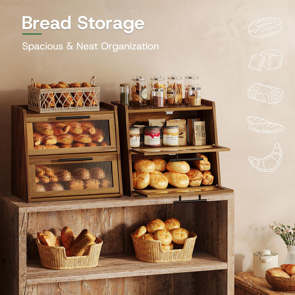 Countertop - Acacia Wood, Wavy Acrylic Door, 2-Layer Bread Storage Container, Large Bread Holder