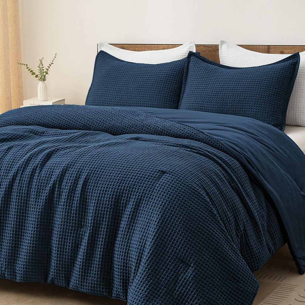 Ultra Soft Waffle Comforter Set 3 Pieces, Navy Blue