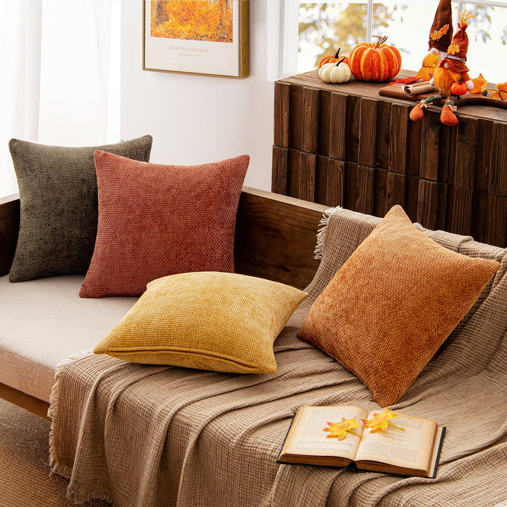 Decorative Chenille Fall Pillow Covers Orange Brown 20x20 Pack of 4