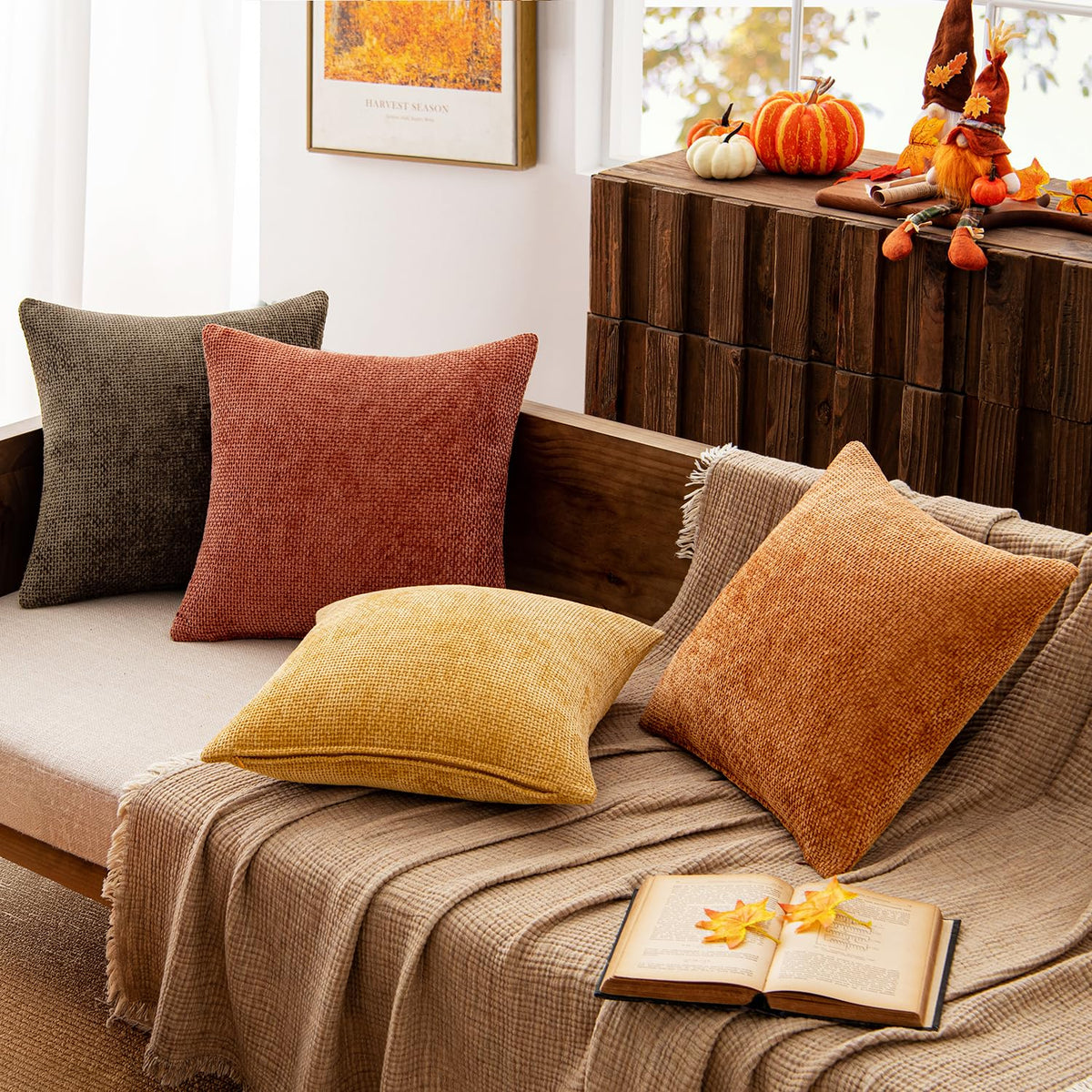 Decorative Chenille Fall Pillow Covers Orange Brown 20x20 Pack of 4