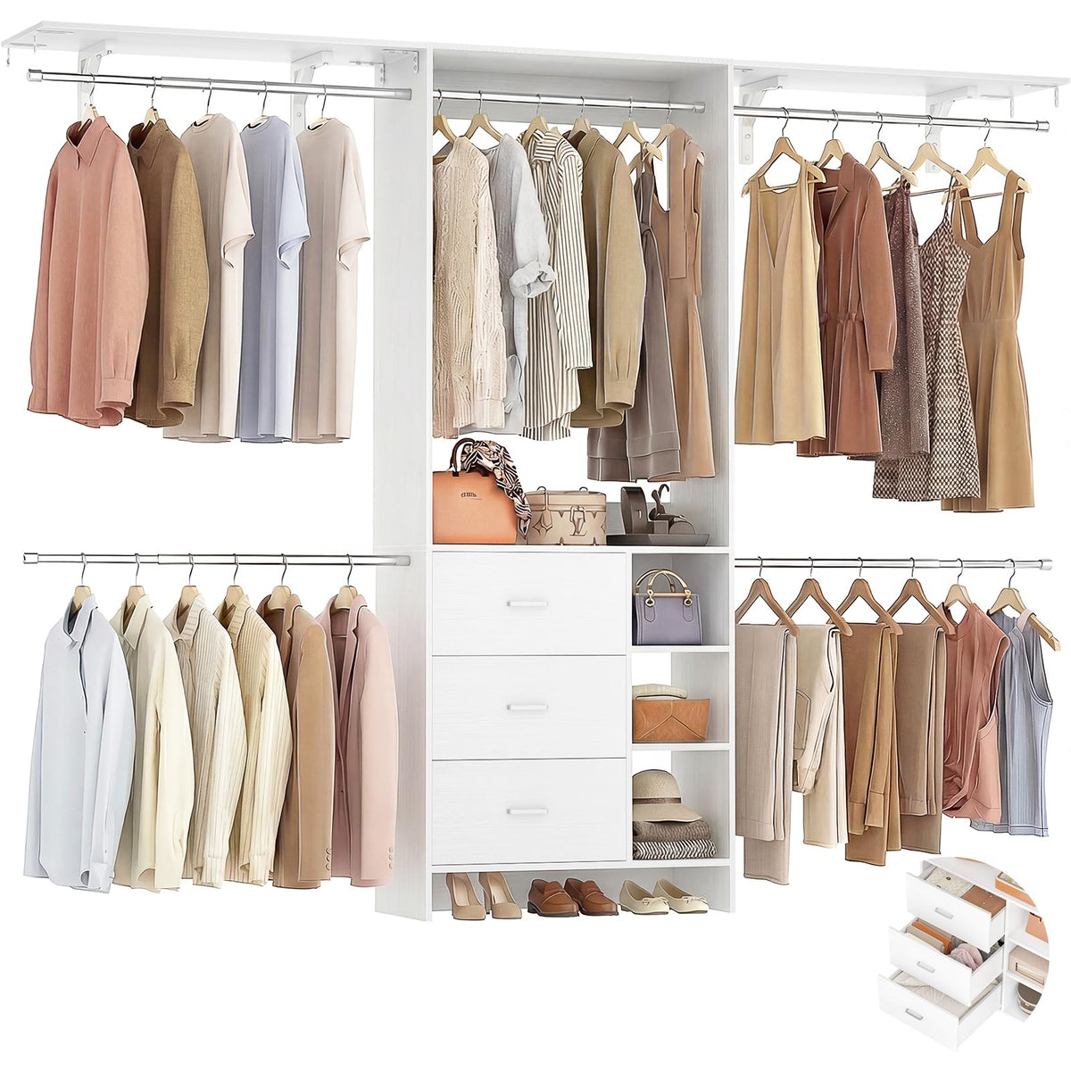 Closet System, Closet Organizer with 3 Wooden Drawers, 8FT Closet Organizer System, 96'' Walk-in Closet Wardrobe