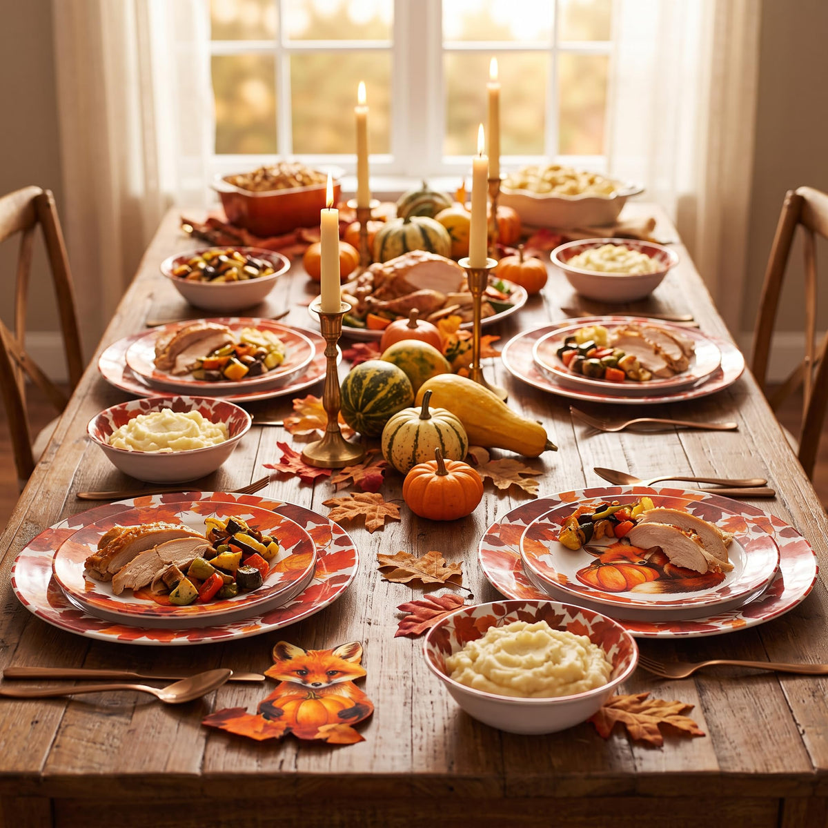 Melamine Dinnerware Set 12Pcs,Melamine Plates and Bowls Fall Fox