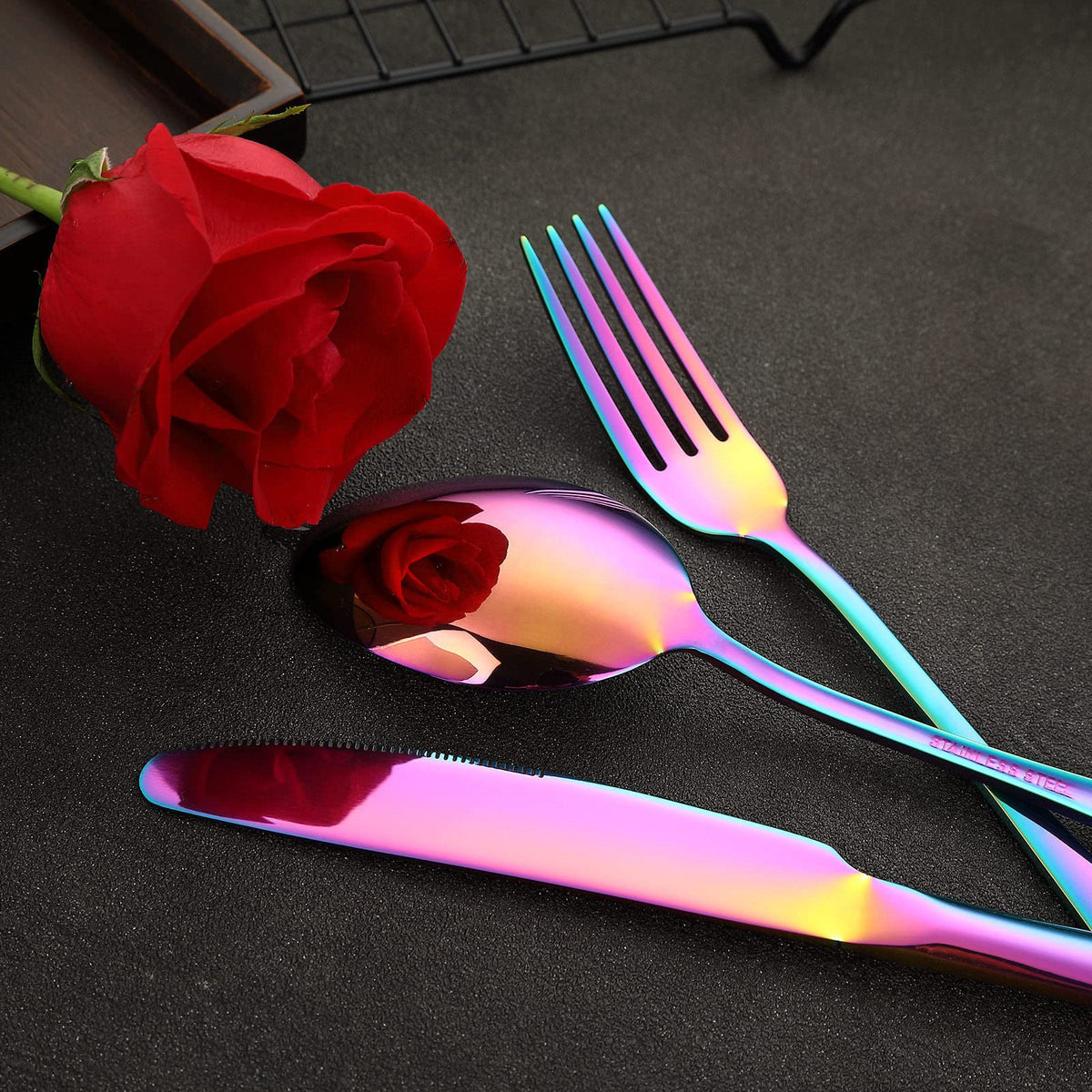 Rainbow Silverware Set Flatware Cutlery - 40 Pieces Stainless Steel Colorful Utensils, Tableware Set Service for 8