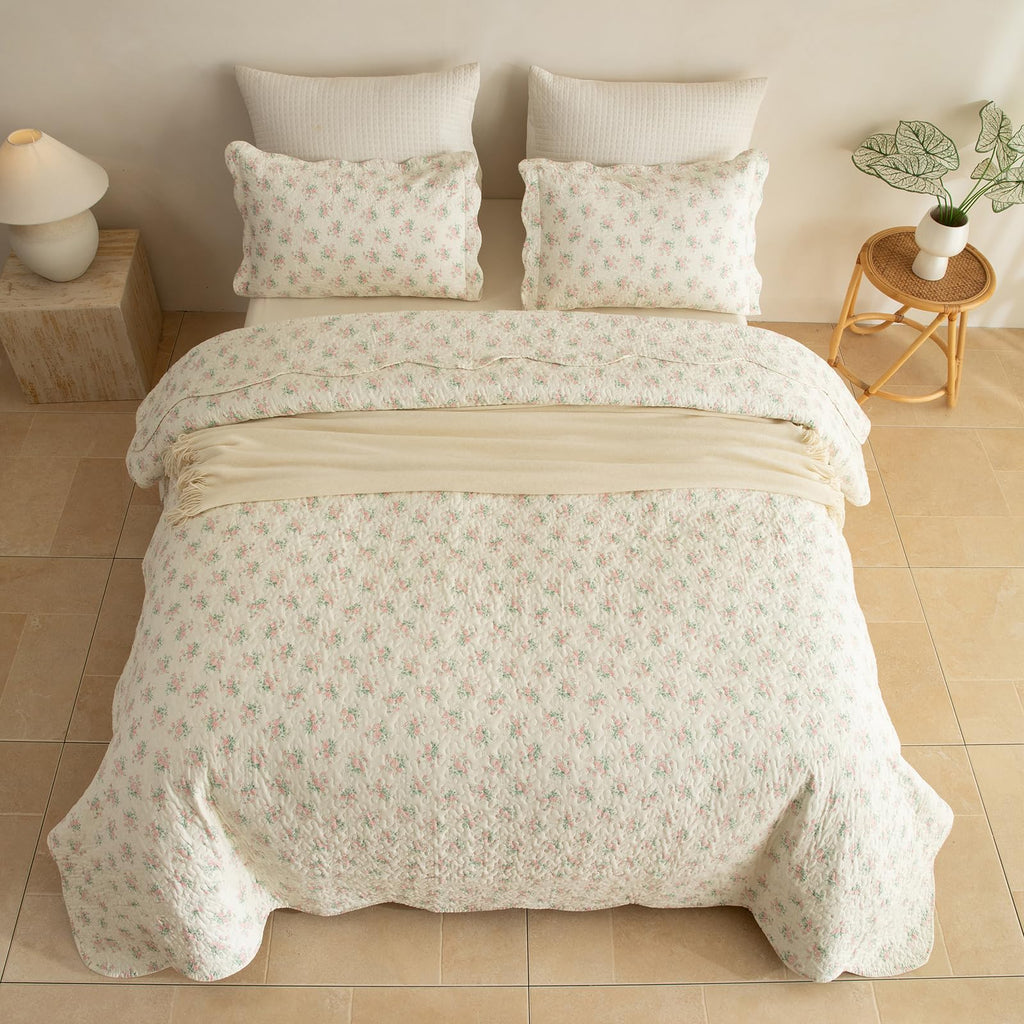 100% Cotton Quilt Set - Pink Flower Botanical Bedspread