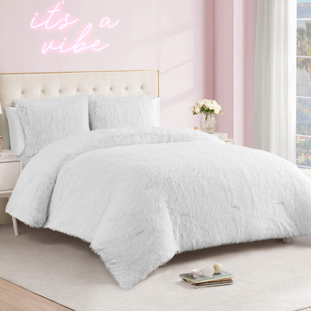 Shaggy Faux Fur White Comforter Set - Soft and Cozy 2-Piece Machine Washable Bedding Comforter and Sham