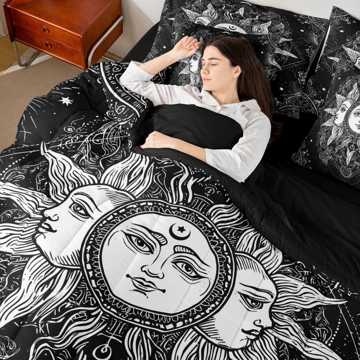 Bohemian Black and White Bed in a Bag Queen Comforter Set 7-Piece | Sun and Moon Bedding Sets Boho Floral Paisley