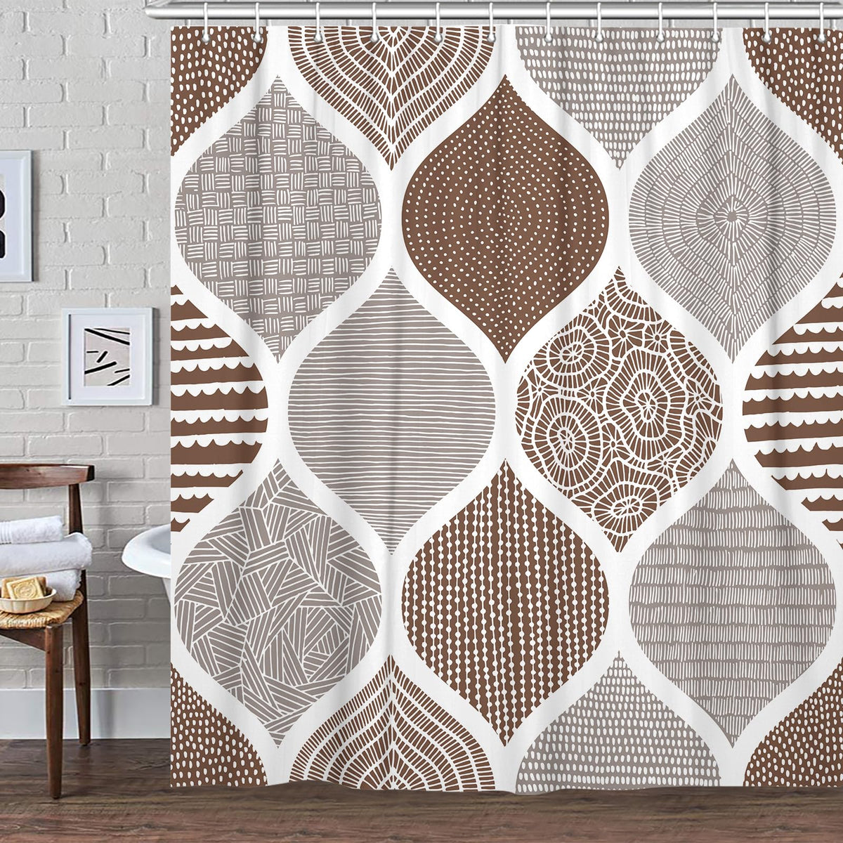 Tan and Grey Shower Curtain, Brown Retro Bohemian Geometric Fabric Shower Curtains Set Decorative, Boho Modern