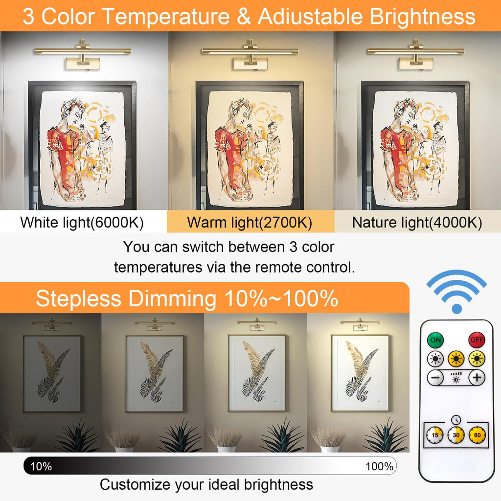 Wireless Picture Lights for Wall Rechargeable, Battery Operated Art Light for Paintings, 3CCT Dimmable, 15.7" Brass