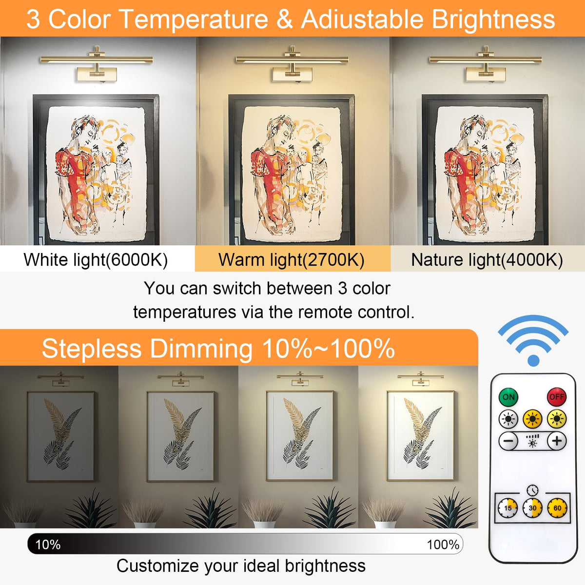 Wireless Picture Lights for Wall Rechargeable, Battery Operated Art Light for Paintings, 3CCT Dimmable, 15.7" Brass