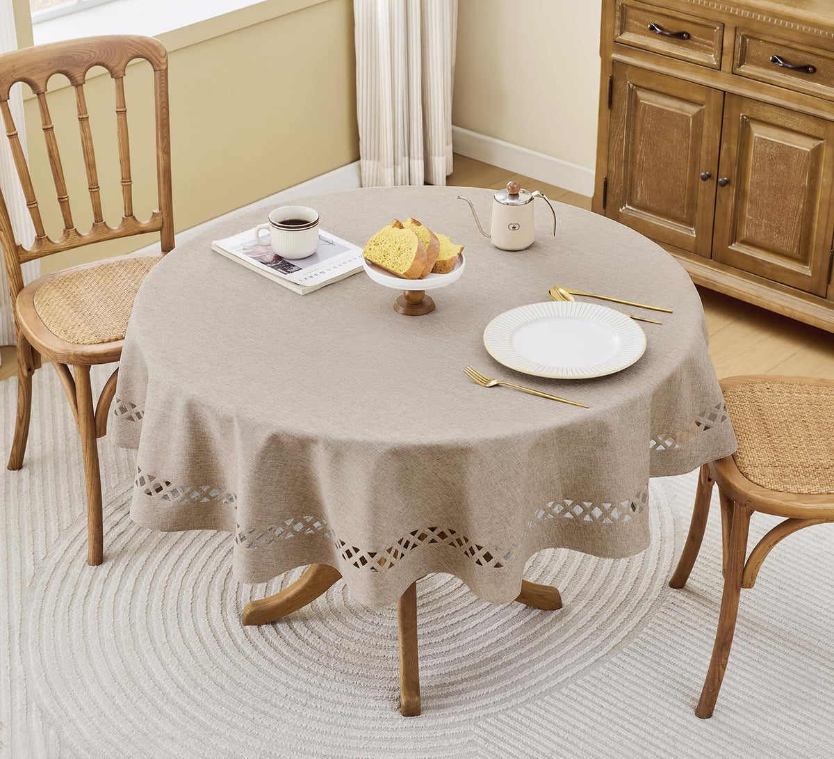Coffee Round Linen Tablecloth with Lattice Cutwork, 55 inch Round