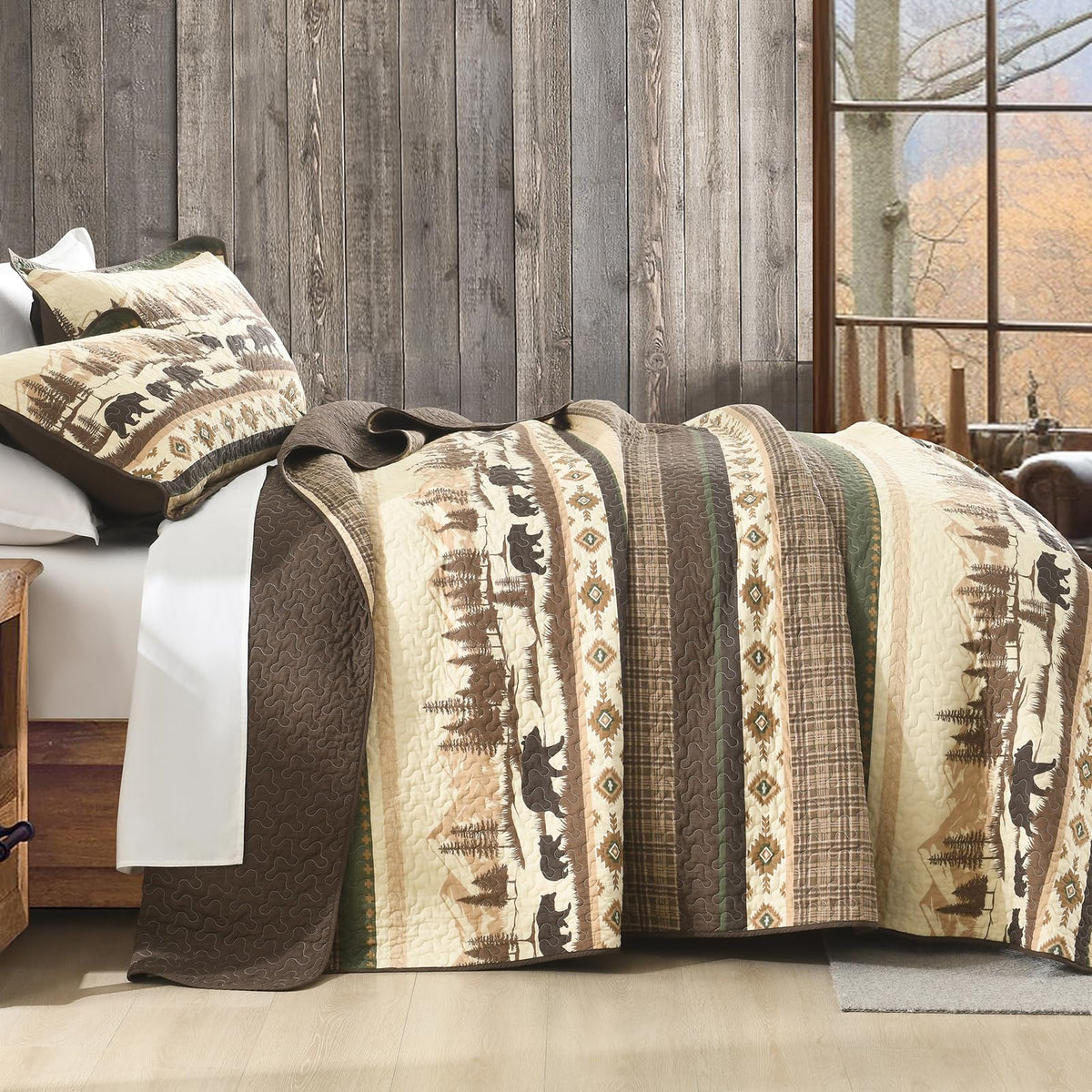 Cabin Quilt Set, 100% Cotton Farmhouse Bedspread, Forest Tree Brown Bear Deer Striped Patchwork Reversible