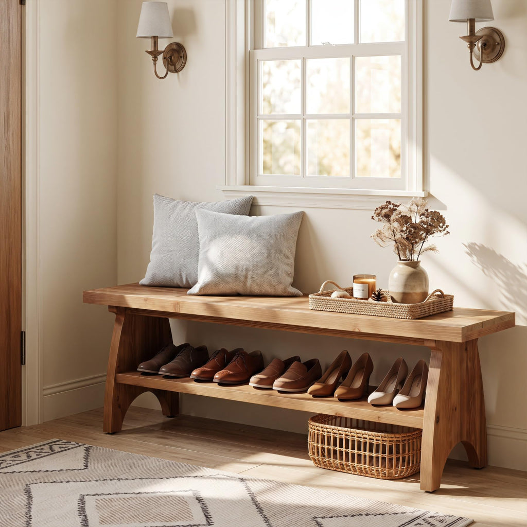 Farmhouse Solid Wood Entryway Bench with Shoe Storage