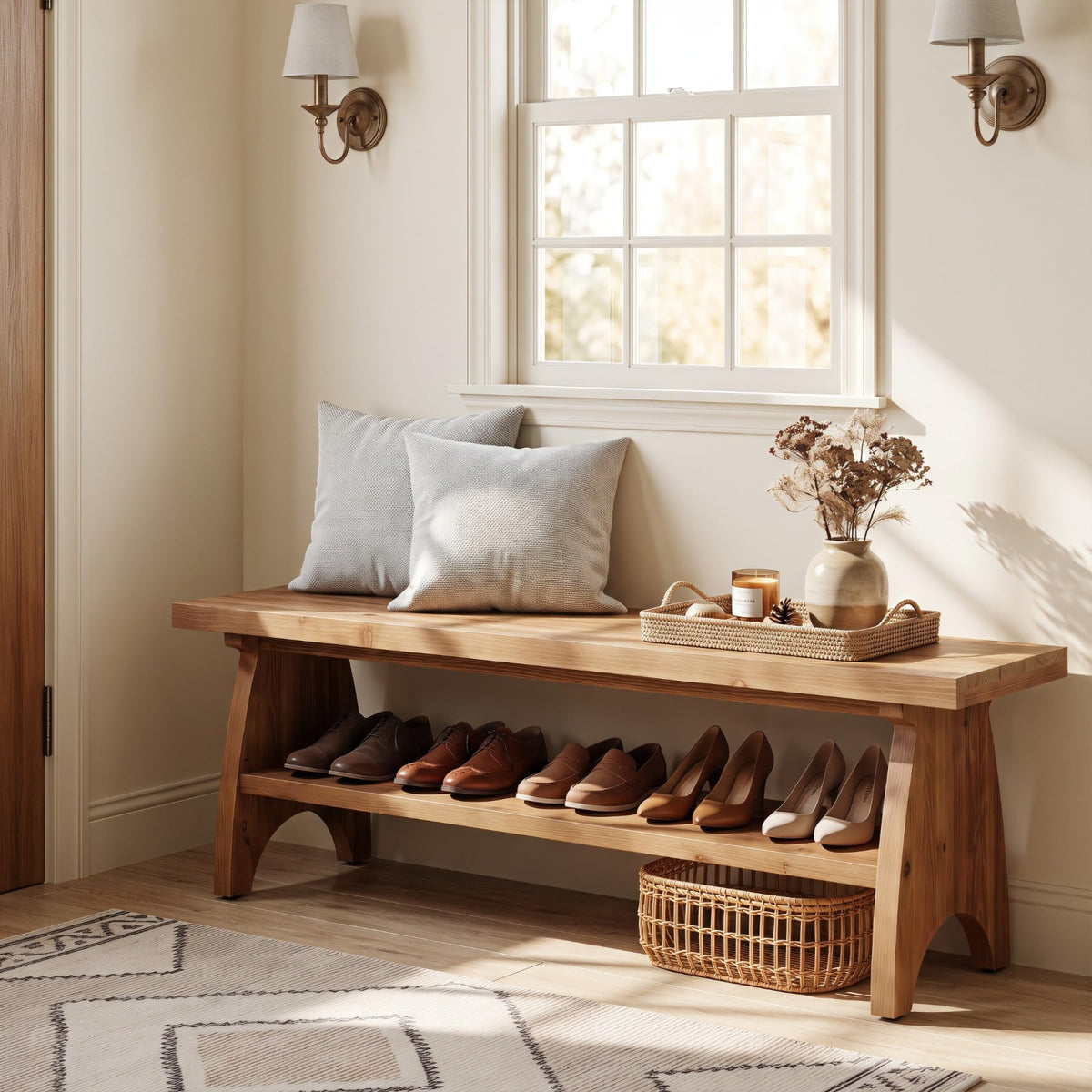 Farmhouse Solid Wood Entryway Bench with Shoe Storage