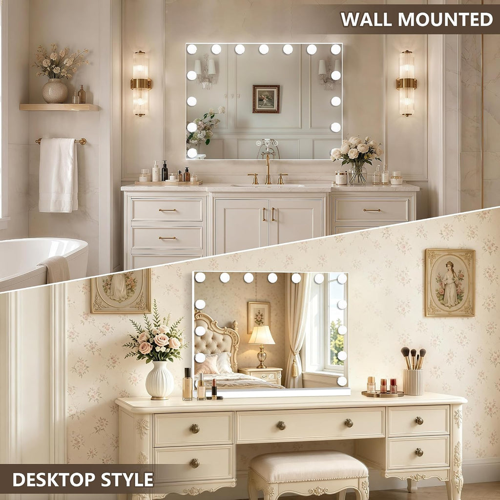 Hollywood Vanity Mirror with Lights, 23" x 18", 15 Dimmable Bulbs, 3 Color Lights, Make Up Lighted Mirror, USB
