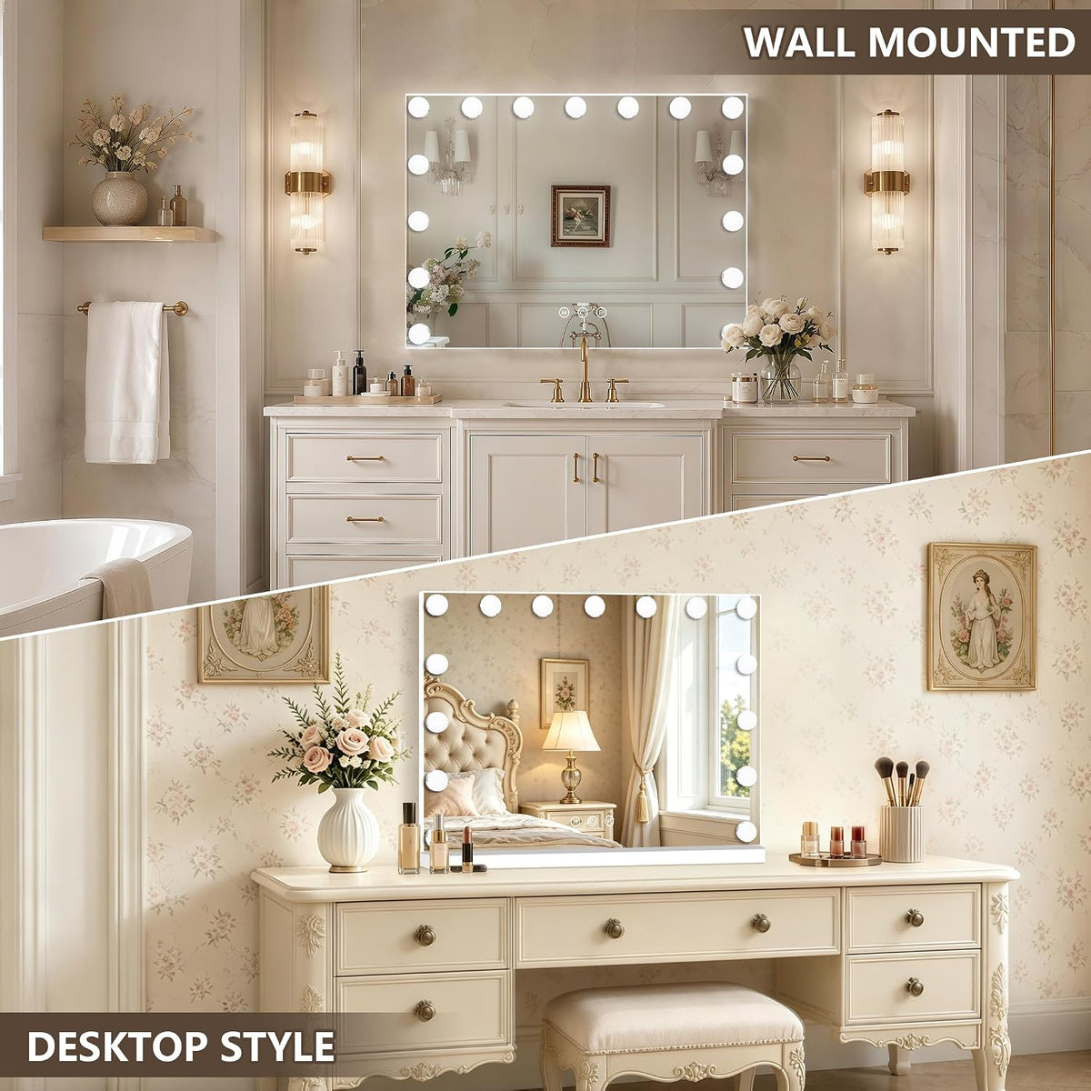 Hollywood Vanity Mirror with Lights, 23" x 18", 15 Dimmable Bulbs, 3 Color Lights, Make Up Lighted Mirror, USB