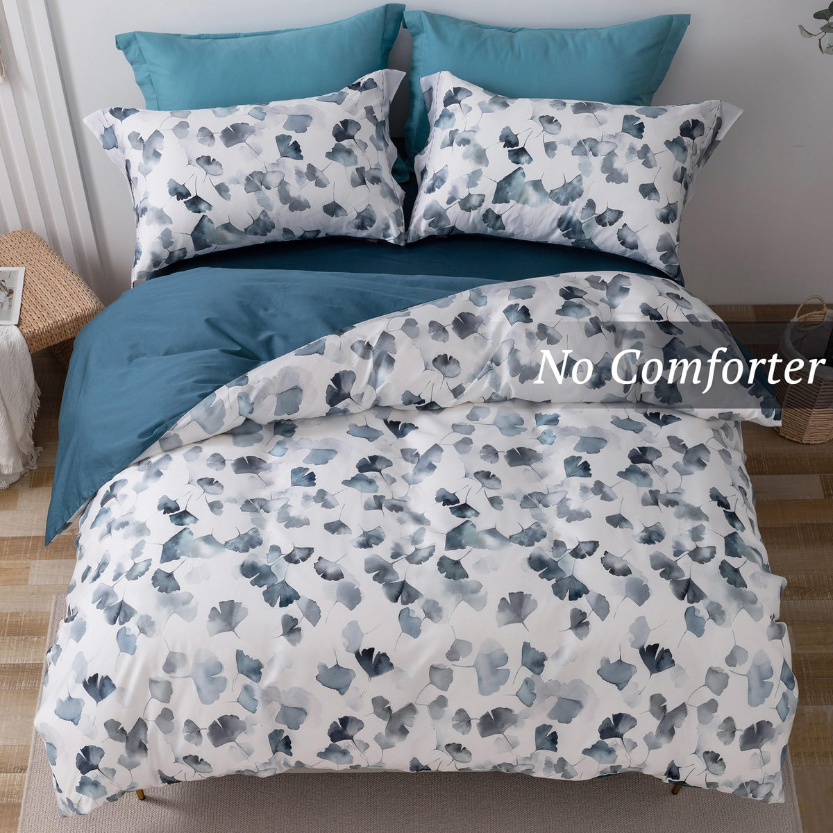 100% Long-Staple Cotton Duvet Cover Set Light Navy Ginkgo Leaf Pattern Printed Comforter Cover 3pcs, Ultra Soft &
