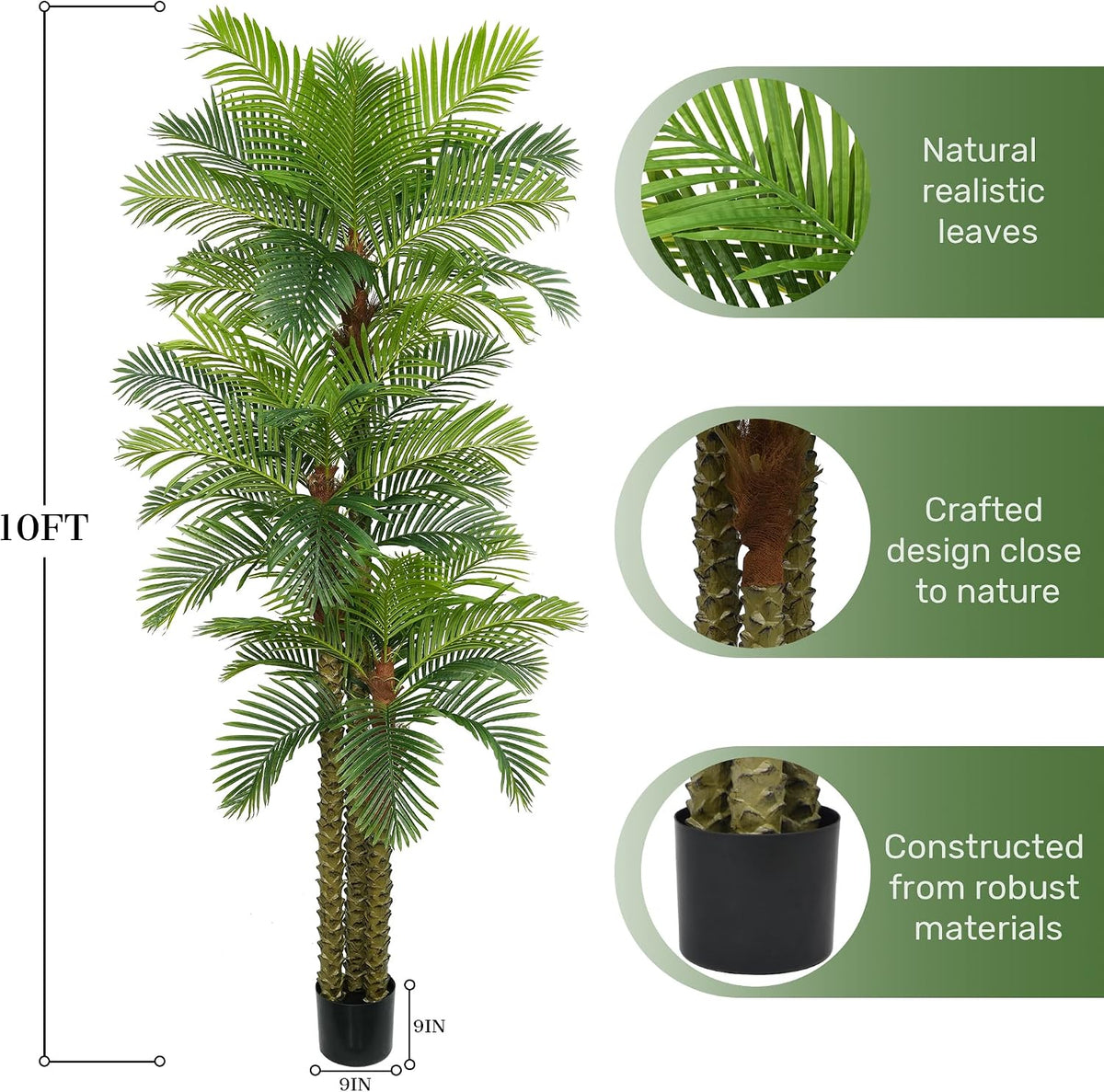 Palm Tree 10FT Tall Large Faux Trees with Realistic Leaves, Fake Floor Potted Artificial Plants Living Room Decor
