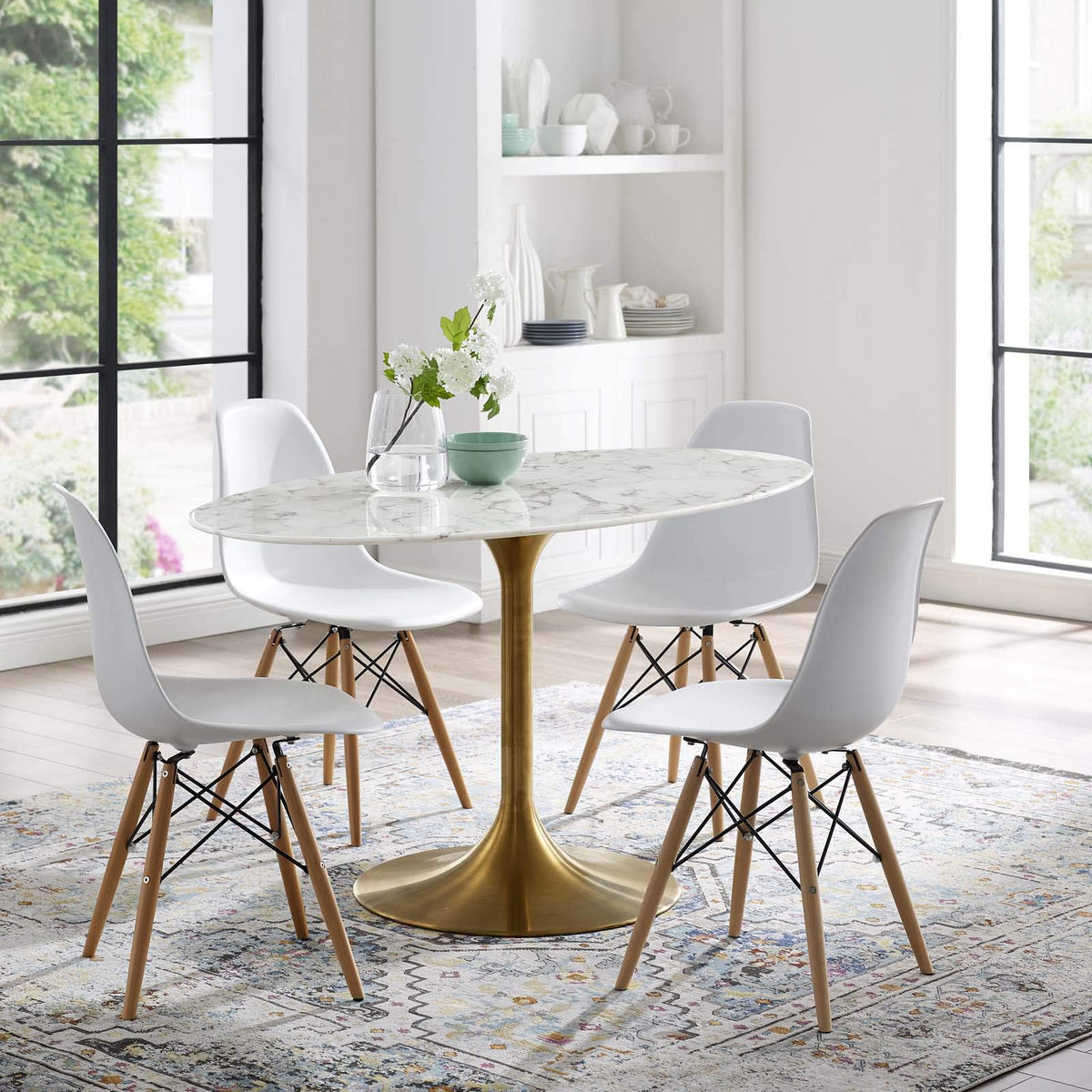 Lippa 54" Oval-Shaped Mid-Century Modern Dining Table with Artificial Marble Top and Gold Base