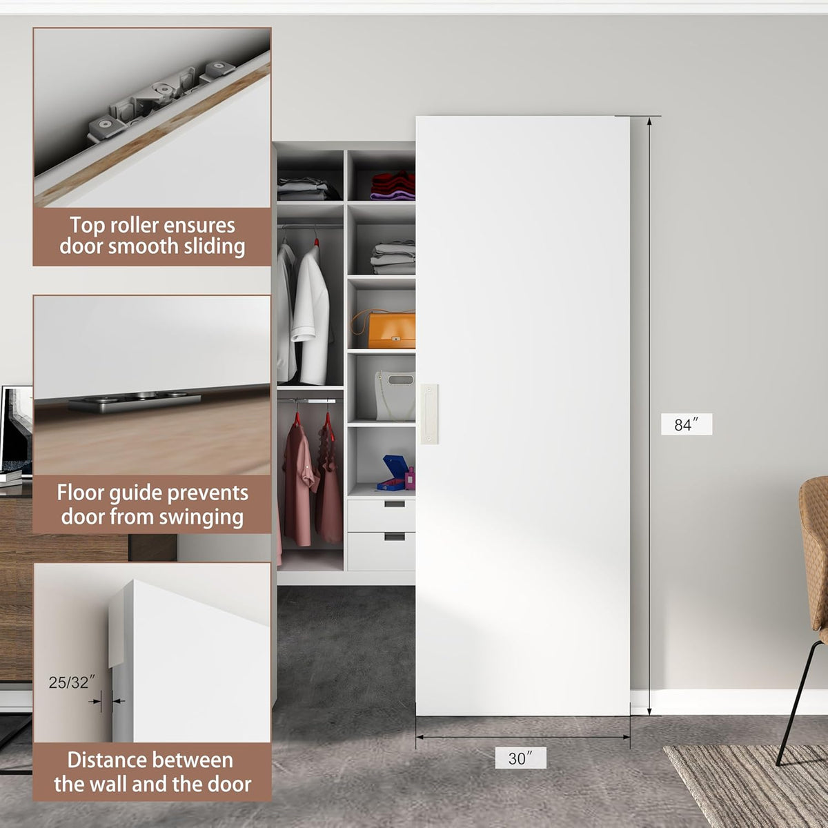 30"x84" Flush Solid Core White Primed Concealed Sliding Hidden Barn Door with Soft Close Installation Hardware and Double Sided Pulls Included