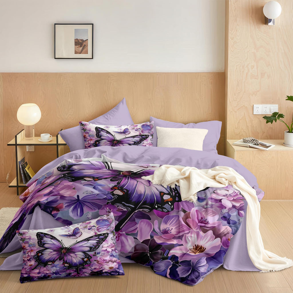 Purple Butterfly Comforter Set Queen Size Aesthetic Flowers Bedding Set for Women Girls Victorian Decor Quilt Set