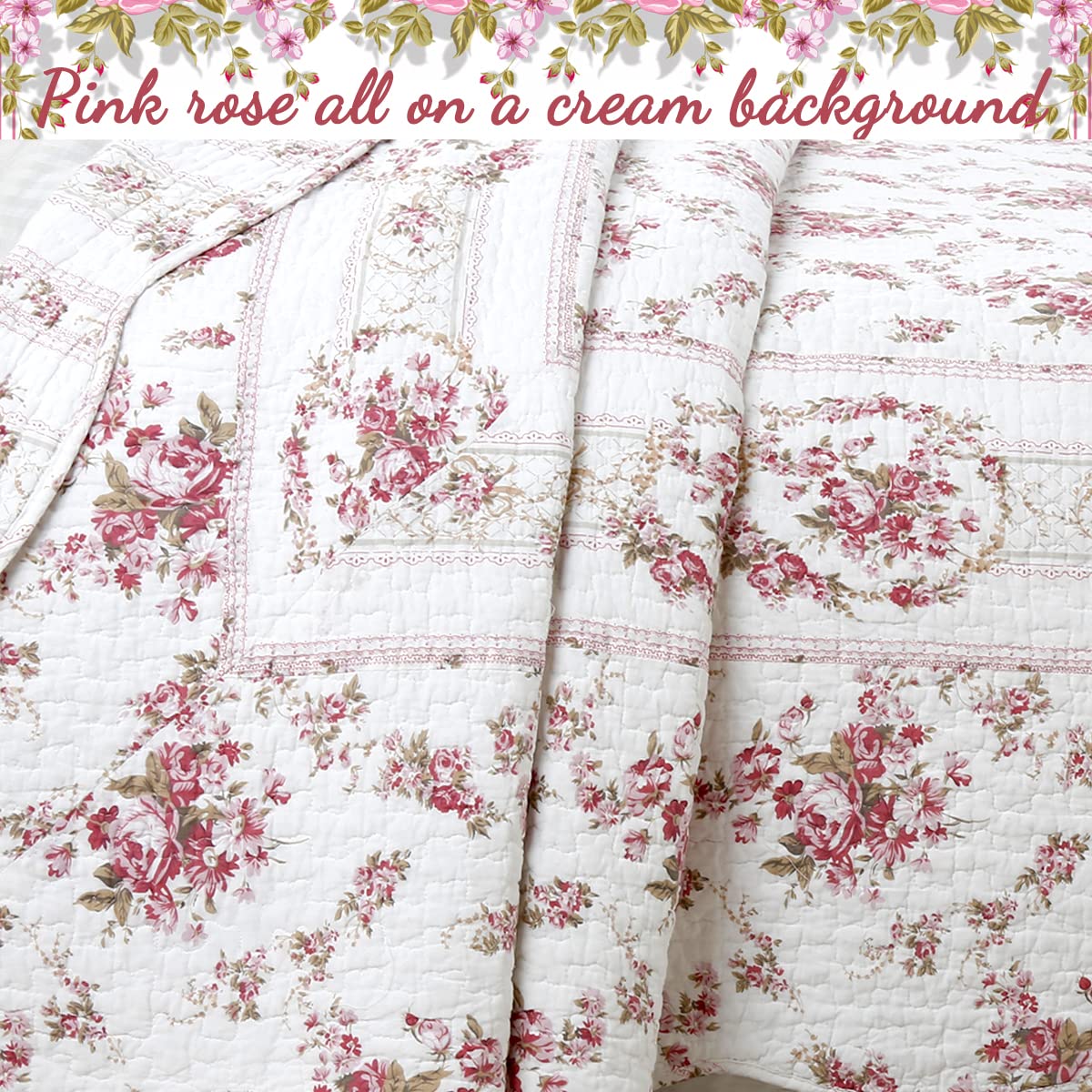 Line Home Fashions 100% Cotton Quilt Bedding Set, Pink Floral Reversible Coverlet Bedspread (Vintage Rose - 3
