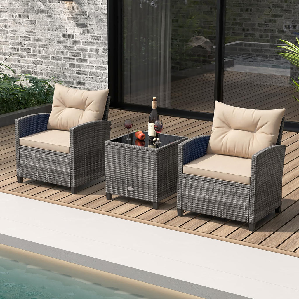3 Piece Patio Furniture Set, Outdoor PE Rattan Conversation Set with Washable Cushions & Tempered Glass Tabletop